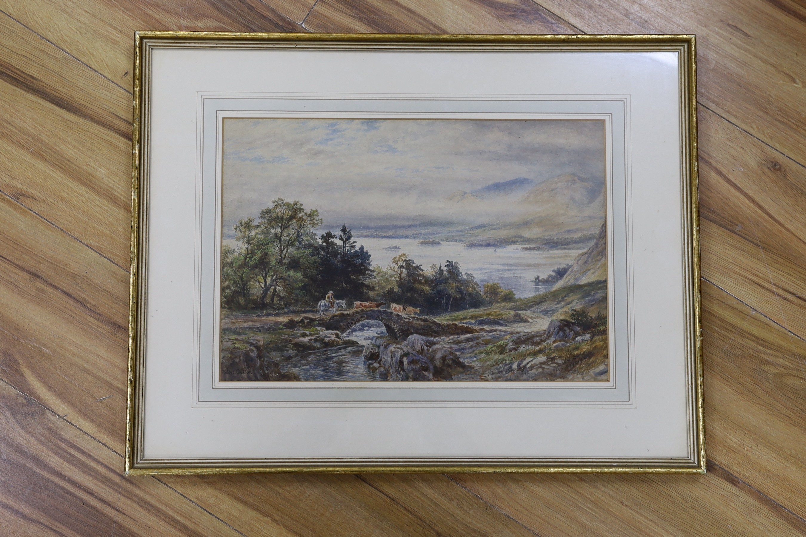 Robert Gallon (1845-1925), watercolour, Cattle drover in a landscape, signed, 27 x 40cm